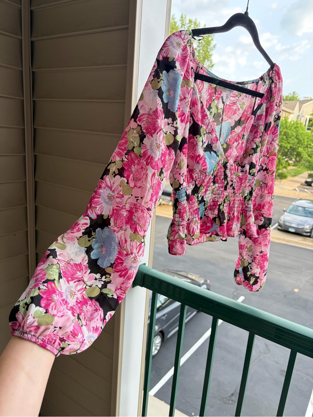 🆕🌺WAYF Floral Smocked Peplum Blouse XS Pink Blue Black Romantic Cottagecore Top - Picture 6 of 15